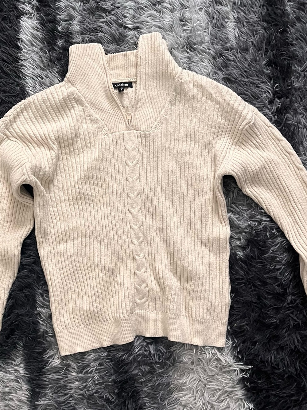 Cocobleu Beige Cable-Detail Zip-Up Women’s Sweater